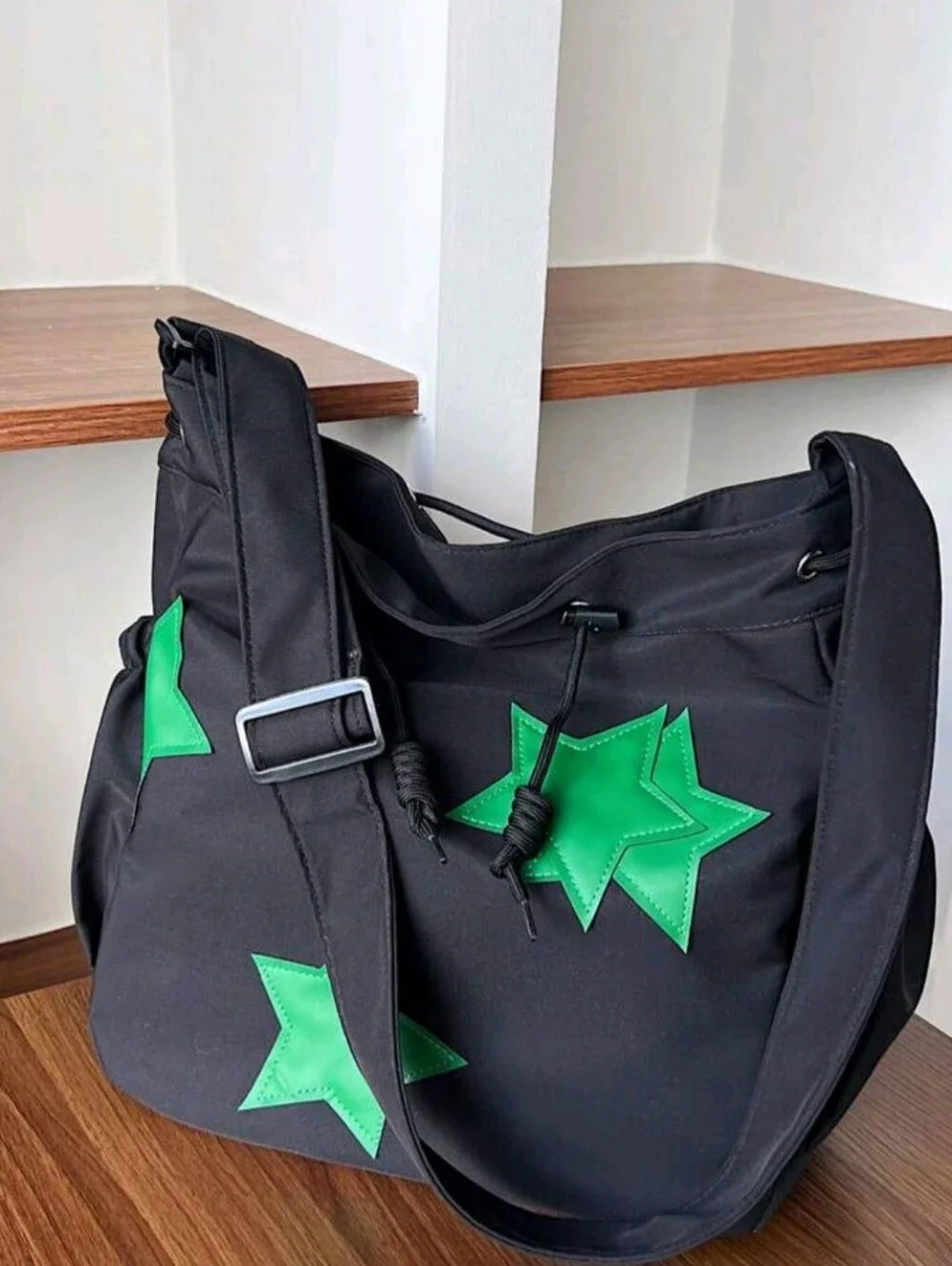 Stylish Black and Green Women's Bag With Stars Decor. New Spring/ Summer Plain